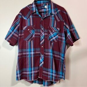 Men's Wrangler Pearl Snap Plaid Short Sleeve Casual Collared Shirt Size XL